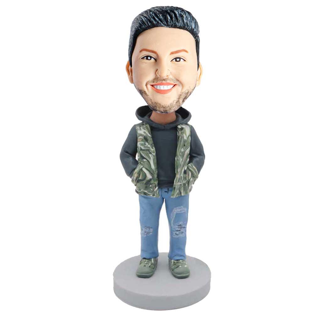 Male In Camouflage Vest And Blue Jeans Custom Figure Bobblehead - Figure Bobblehead