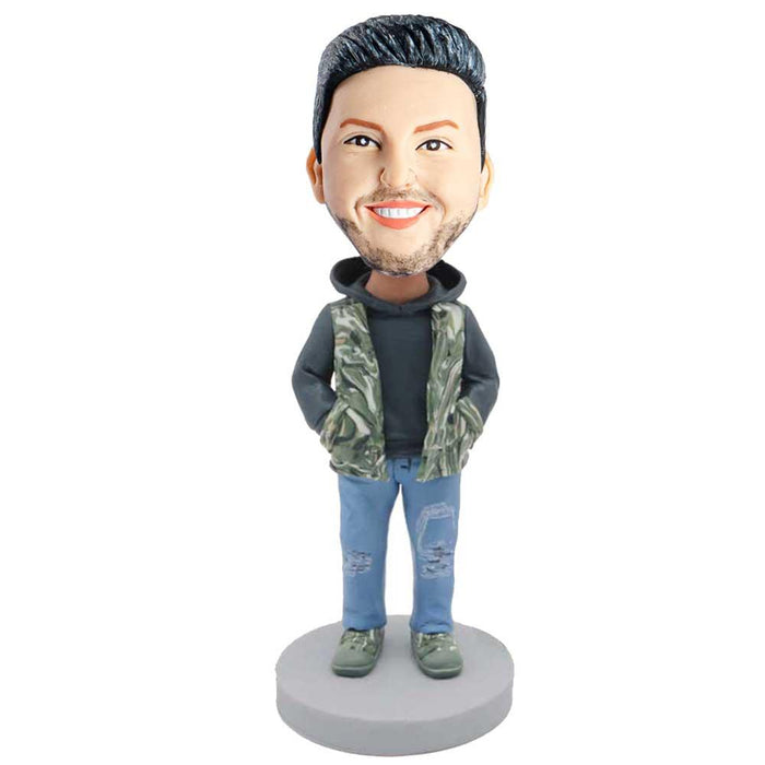 Male In Camouflage Vest And Blue Jeans Custom Figure Bobblehead