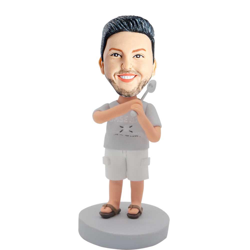 Male In Casual Clothing Swinging A Golf Club Custom Golf Bobblehead