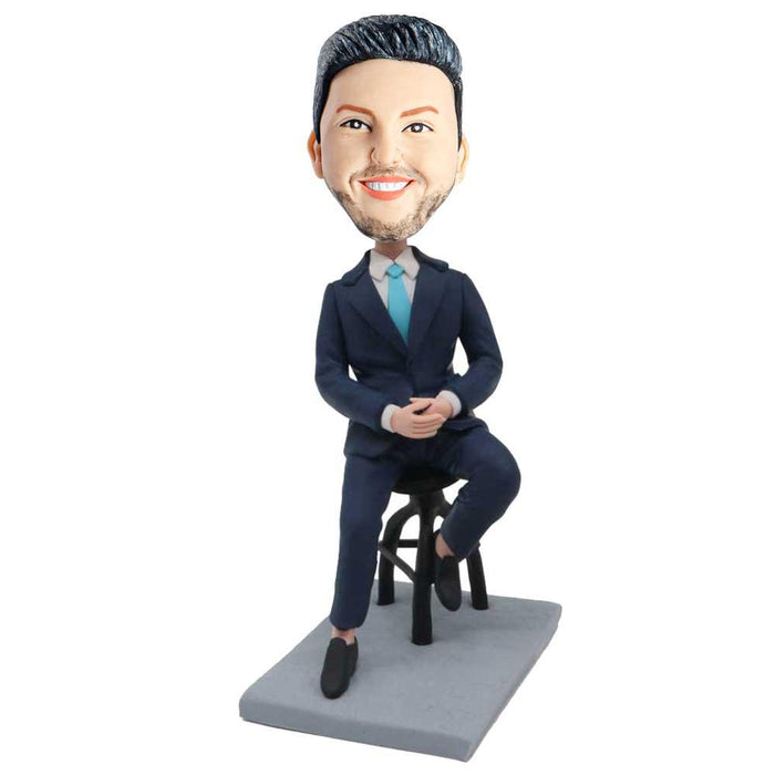 Male Office Boss In Dark Blue Suit And Sitting On A Stool Custom Figure Bobblehead