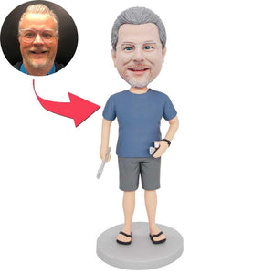 Male In Dark Blue T-shirt Holding BBQ Clips And Sauces Custom Figure Bobbleheads