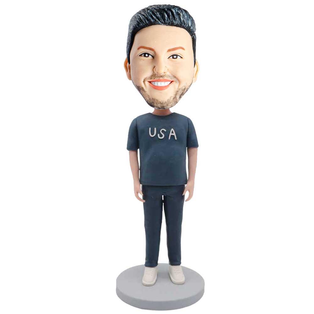 Male In Dark Blue T-shirt With USA Custom Figure Bobblehead - Figure Bobblehead
