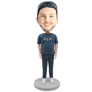 Male In Dark Blue T-shirt With USA Custom Figure Bobblehead - Figure Bobblehead