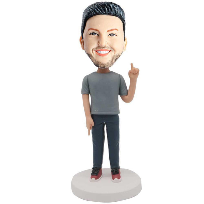 Male In Gray T-shirt And Finger To Heaven And Earth Custom Leisure Bobblehead