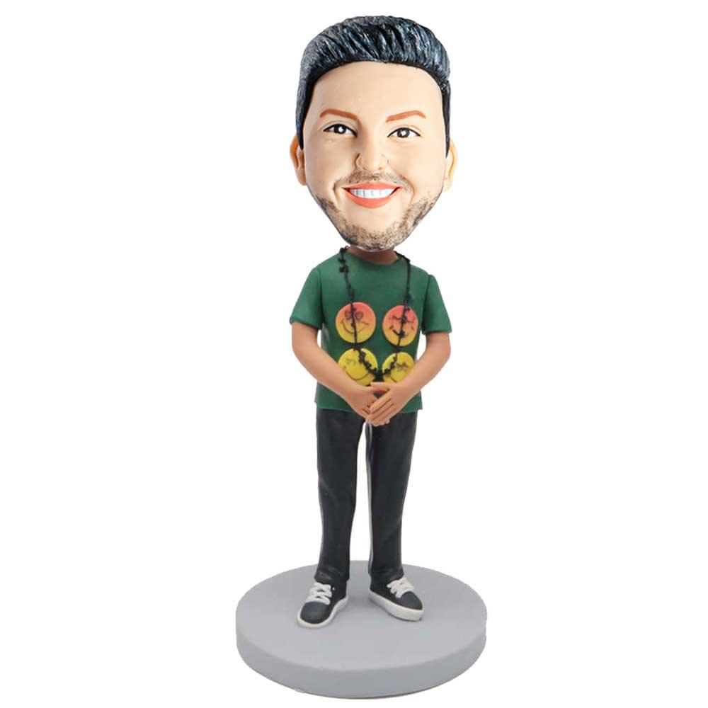 Male In Green T-shirt With A Necklace Custom Figure Bobblehead