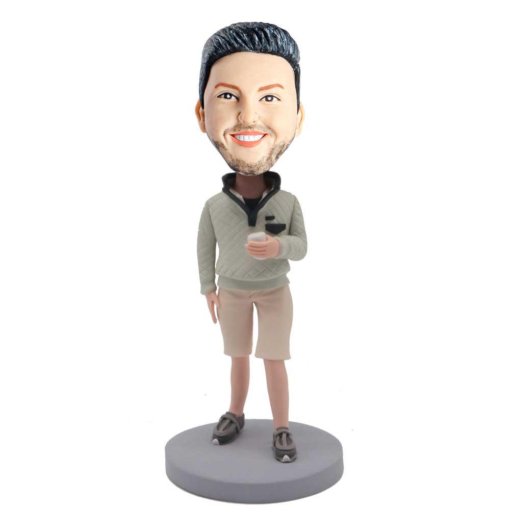 Male In Grey And Black Hoodie With A Phone Custom Figure Bobblehead