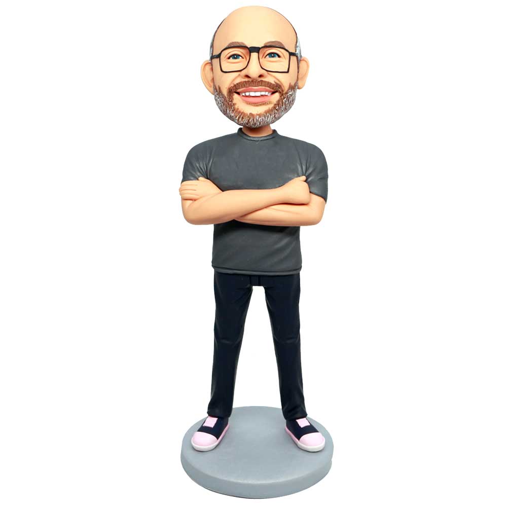 Male In Grey T-Shirt And Chest With Arms Custom Figure Bobbleheads