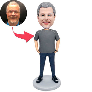 Male In Grey T-Shirt And Hands In Pockets Custom Figure Bobbleheads