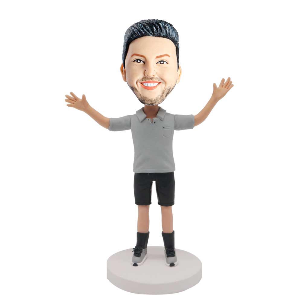 Male In Grey T-shirt And Open Hands Custom Figure Bobblehead