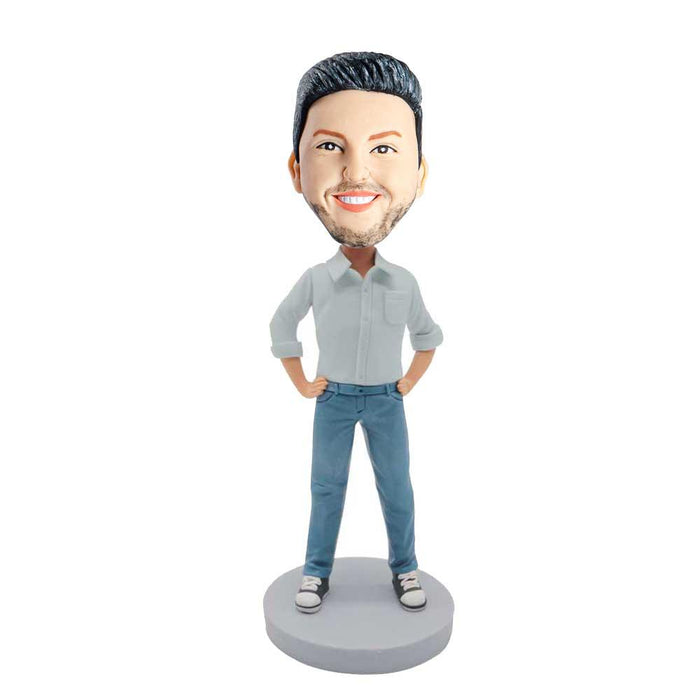 Male In Light Blue Shirt And His Hands Rested On His Hips Custom Figure Bobblehead