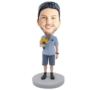 Male In Light Blue T-shirt And Holding A Bunch Of Flowers Custom Figure Bobblehead