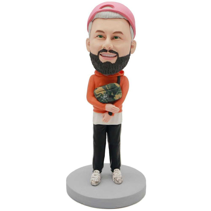 Male In Orange Hoodie And Toting A Chest Package Custom Figure Bobblehead