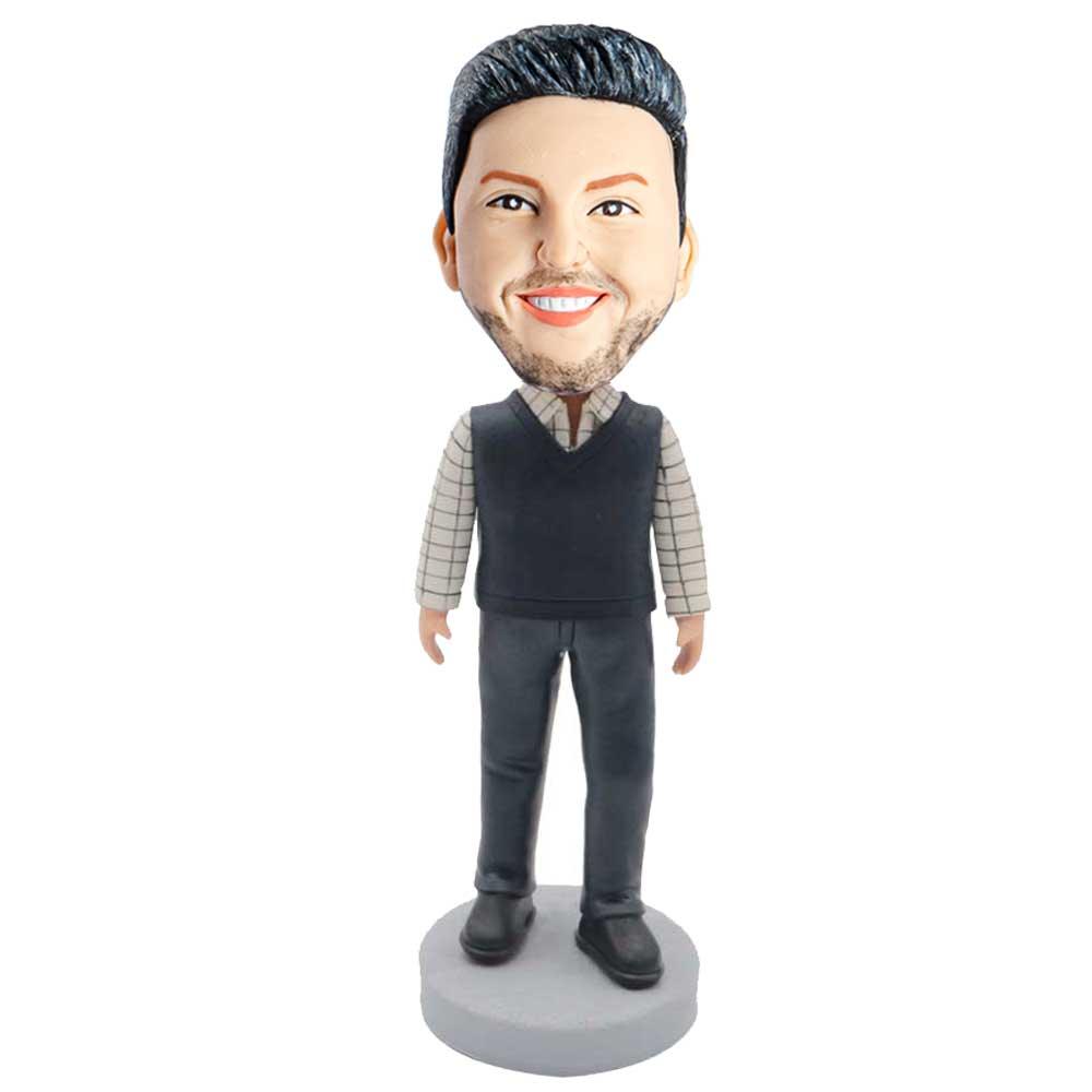 Male In Plaid Shirt And Black Vest Custom Figure Bobblehead