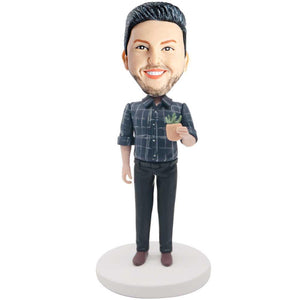 Male In Plaid Shirt And Holding A Potted Plant Custom Figure Bobbleheads