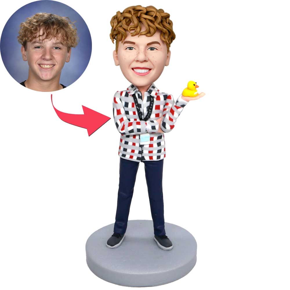 Male In Plaid Shirt Holding A Duck Toy Custom Figure Bobbleheads