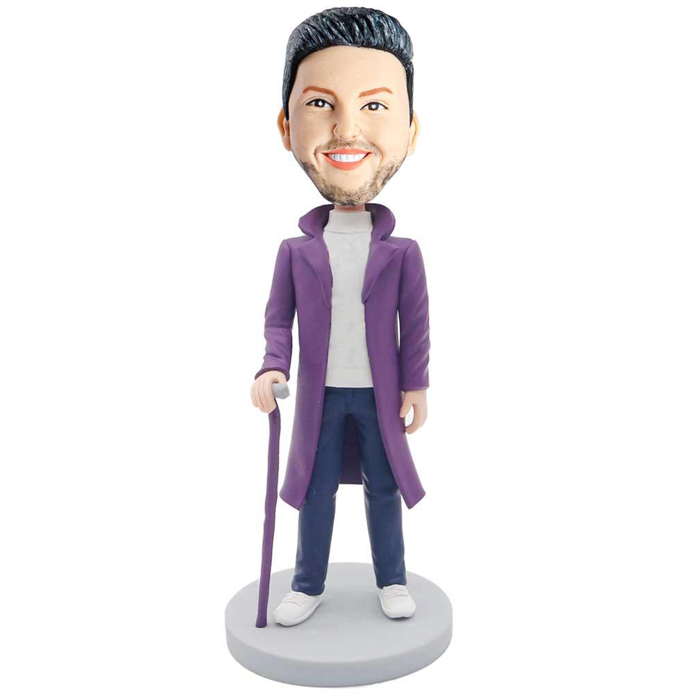 Male In Purple Coat With Crutch Custom Figure Bobblehead