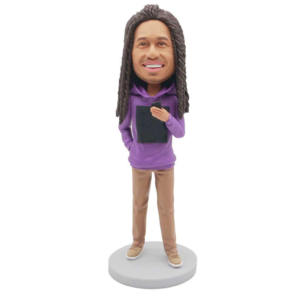 Male In Purple Hoodie With A Mobile Phone Custom Figure Bobblehead