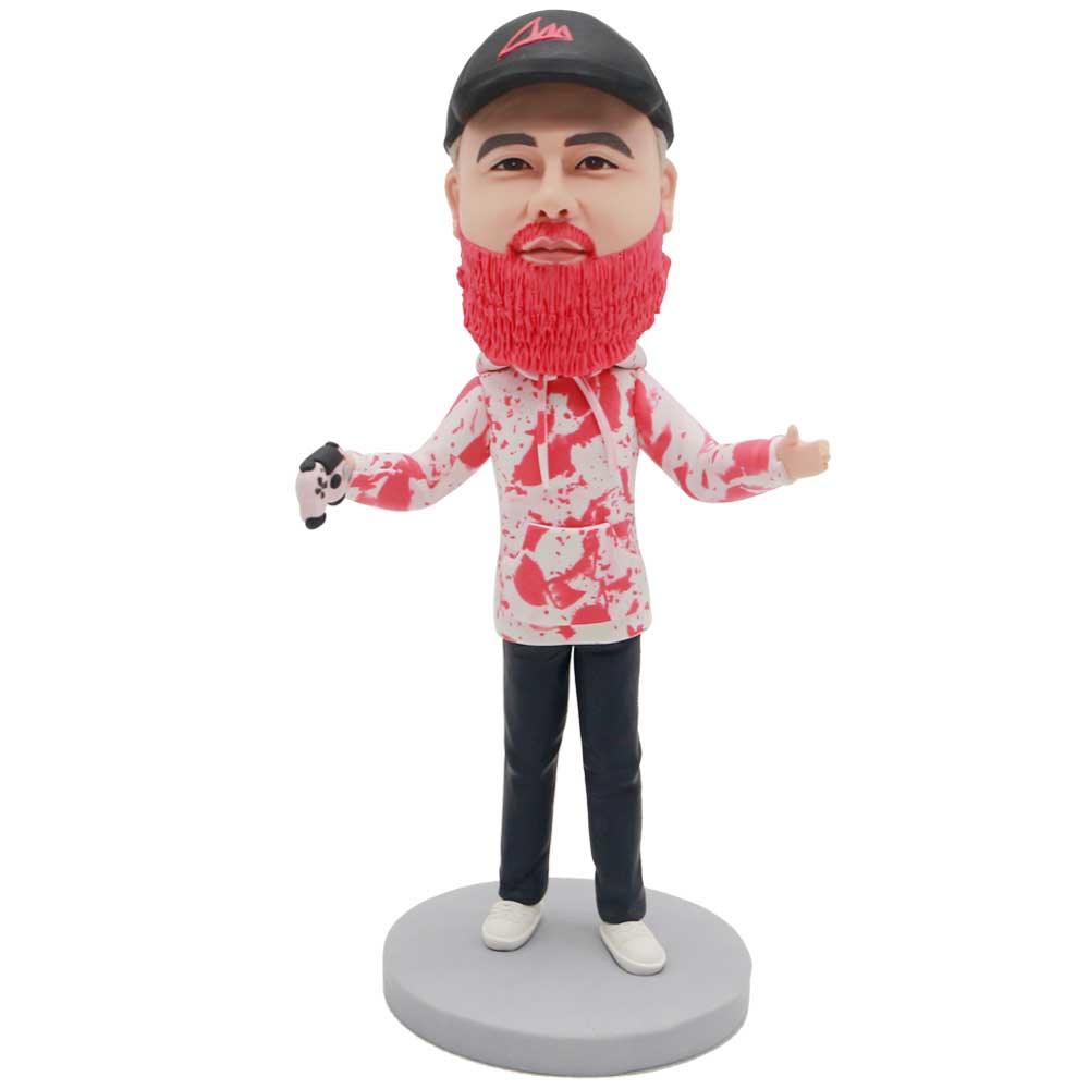 Male In Red Polka Dot Hoodie With Gamepad Custom Figure Bobblehead