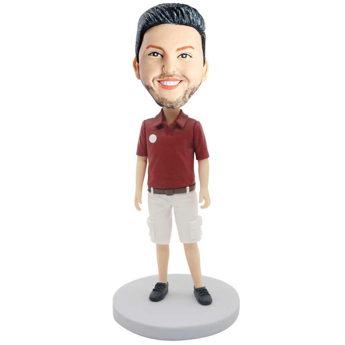 Male In Red T-Shirt And White Shorts Custom Figure Bobblehead