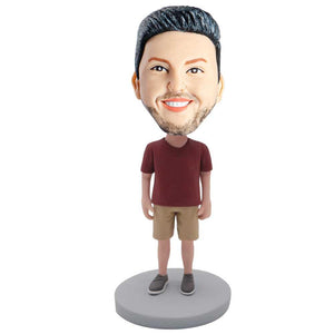Male In Red T-shirt And Brown Shorts Custom Figure Bobblehead - Figure Bobblehead
