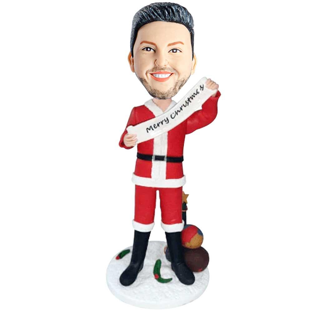 Male In Santa Claus Costume Holding Banner Custom Figure Bobbleheads