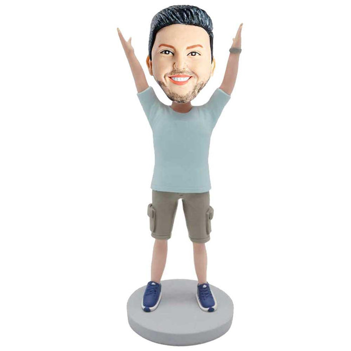 Male In T-shirt And Two Hands Stretched To The Sky Custom Figure Bobblehead
