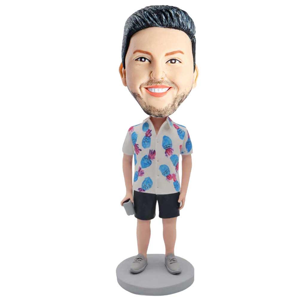 Male In White Aloha Shirt Custom Figure Bobblehead