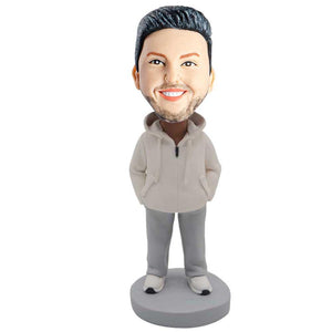 Male In White Hoodie And Hands In Your Pockets Custom Figure Bobblehead - Figure Bobblehead