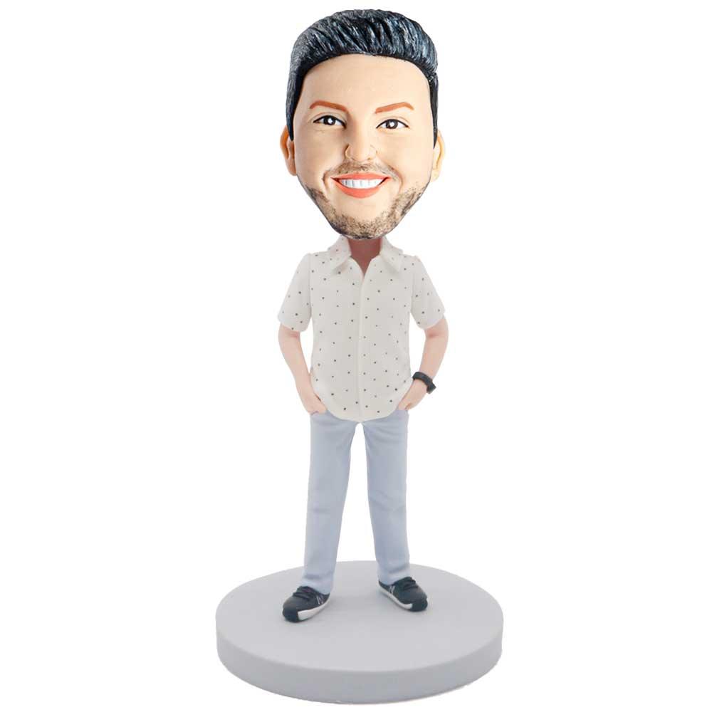 Male In White Polka Dot Shirt Custom Figure Bobblehead