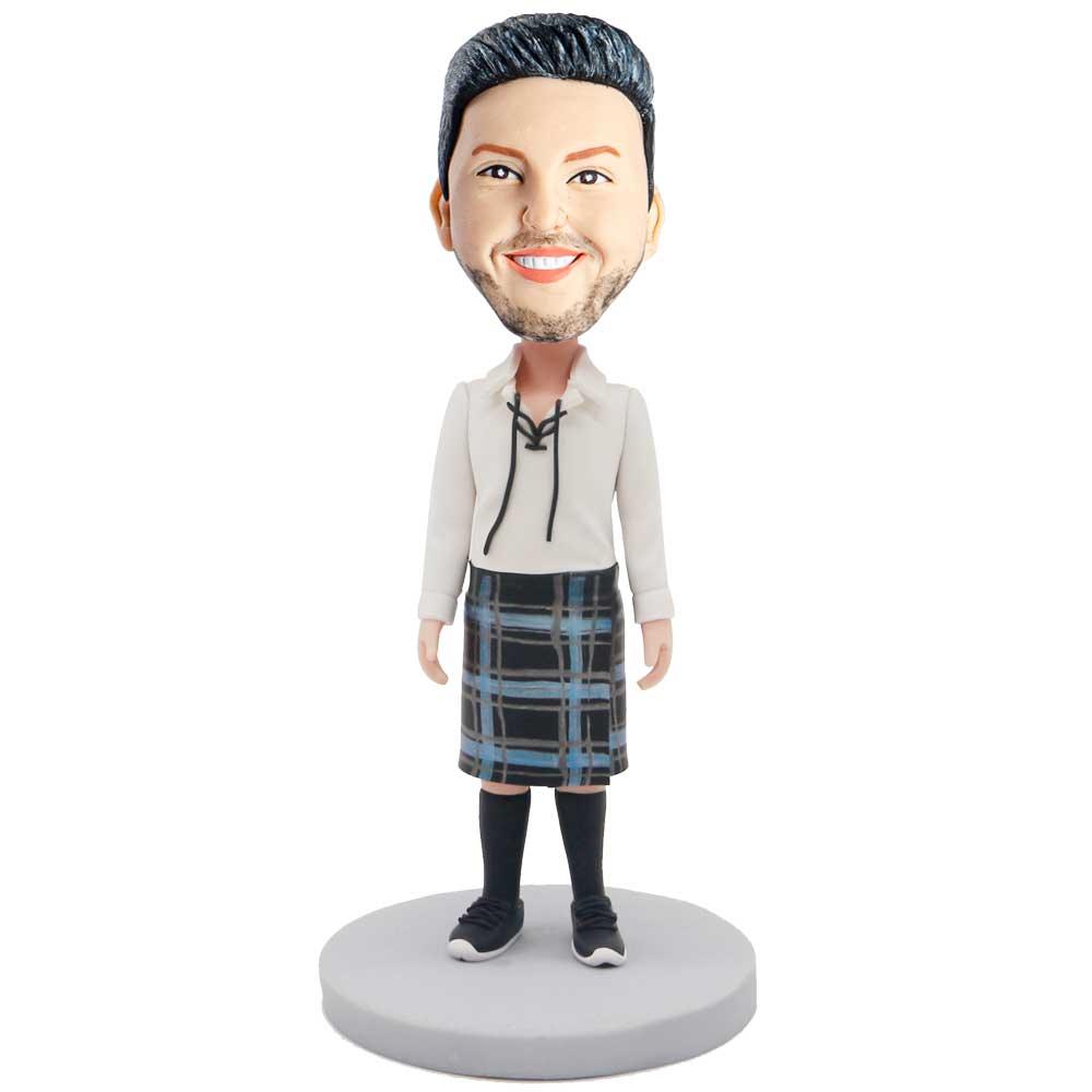 Male In White Shirt And Black Scottish Dress Custom Figure Bobblehead