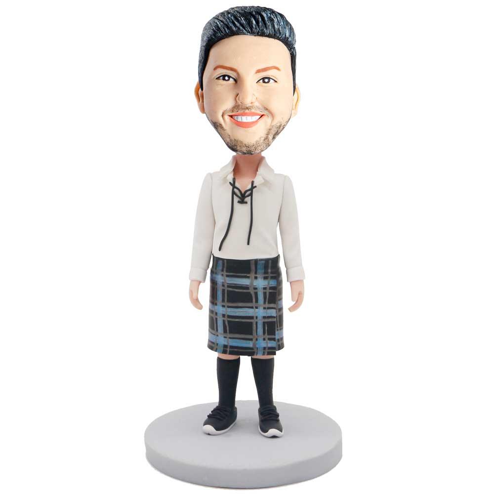 Male In White Shirt And Black Scottish Dress Custom Figure Bobblehead