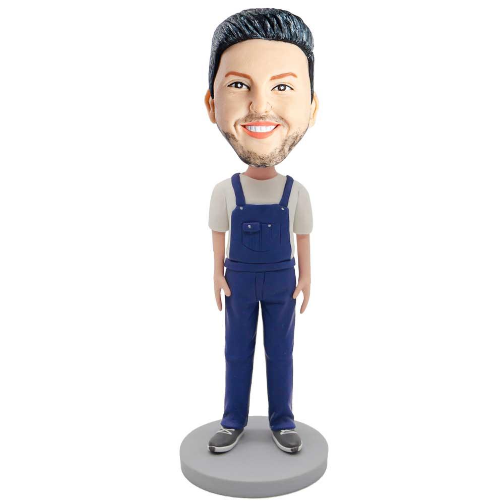 Male In White T-shirt And Blue Denim Overalls Custom Figure Bobblehead