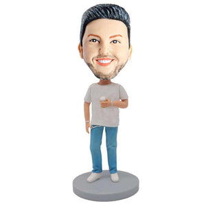 Male In White T-shirt And Blue Jeans With A Cup Of Drink Custom Figure Bobblehead
