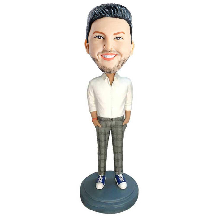 Male In White T-shirt And Grey Check Pants Custom Figure Bobblehead