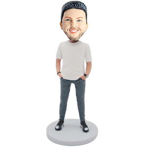 Male In White T-shirt And Hands In Pockets Custom Figure Bobbleheads