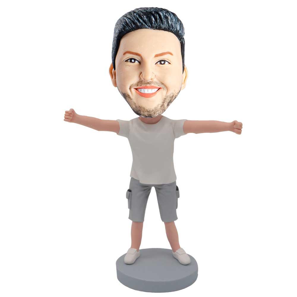 Male In White T-shirt And Open Arms Custom Figure Bobblehead - Figure Bobblehead