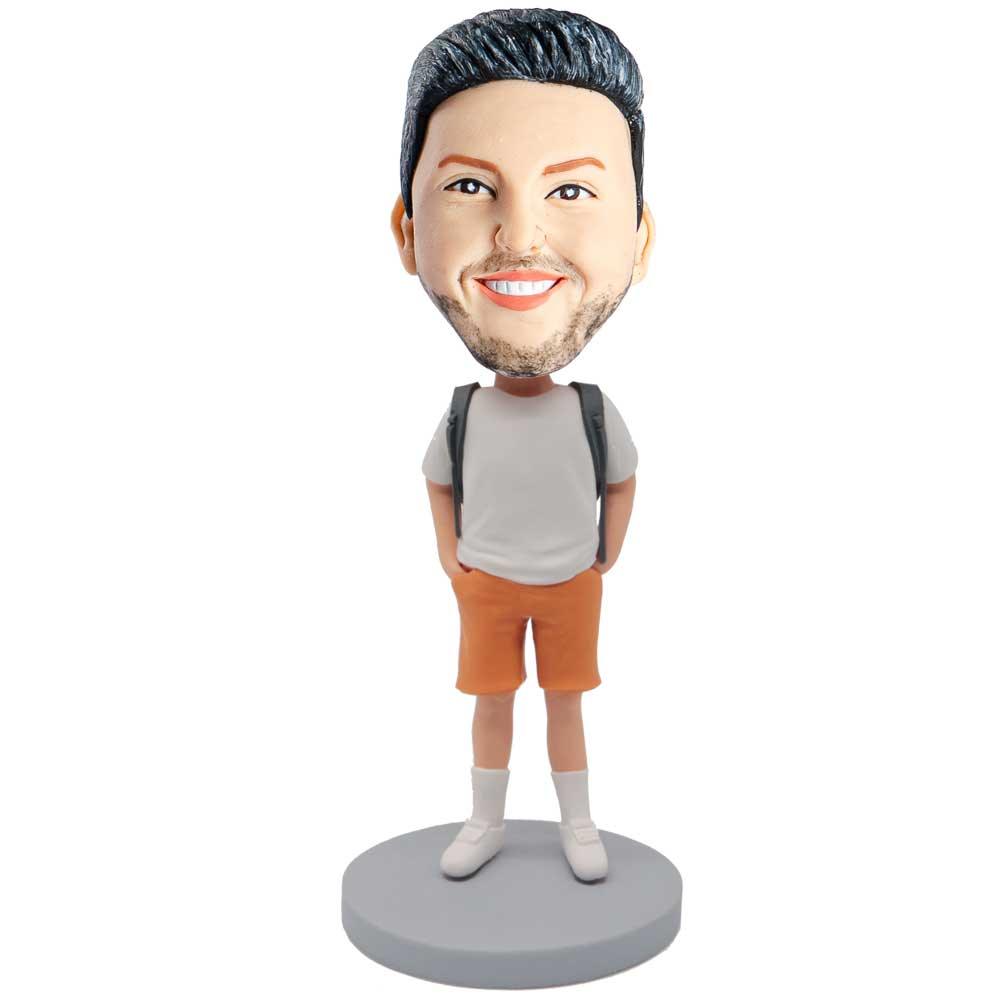 Male In White T-shirt With Backpack Custom Figure Bobblehead