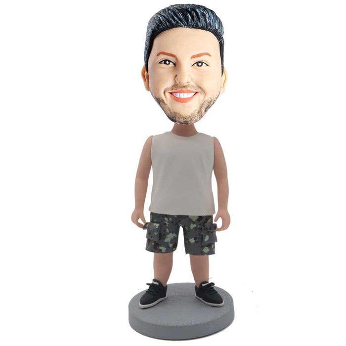 Male In White Vest And Camouflage Shorts Custom Figure Bobblehead
