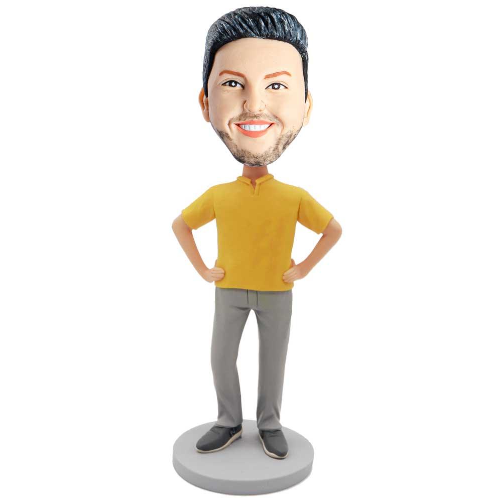 Male In Yellow T-shirt And Hands On Hips Custom Figure Bobblehead