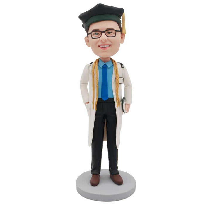 Male Medical Graduate In White Coat And Mortarboard Cap Custom Graduation Bobblehead
