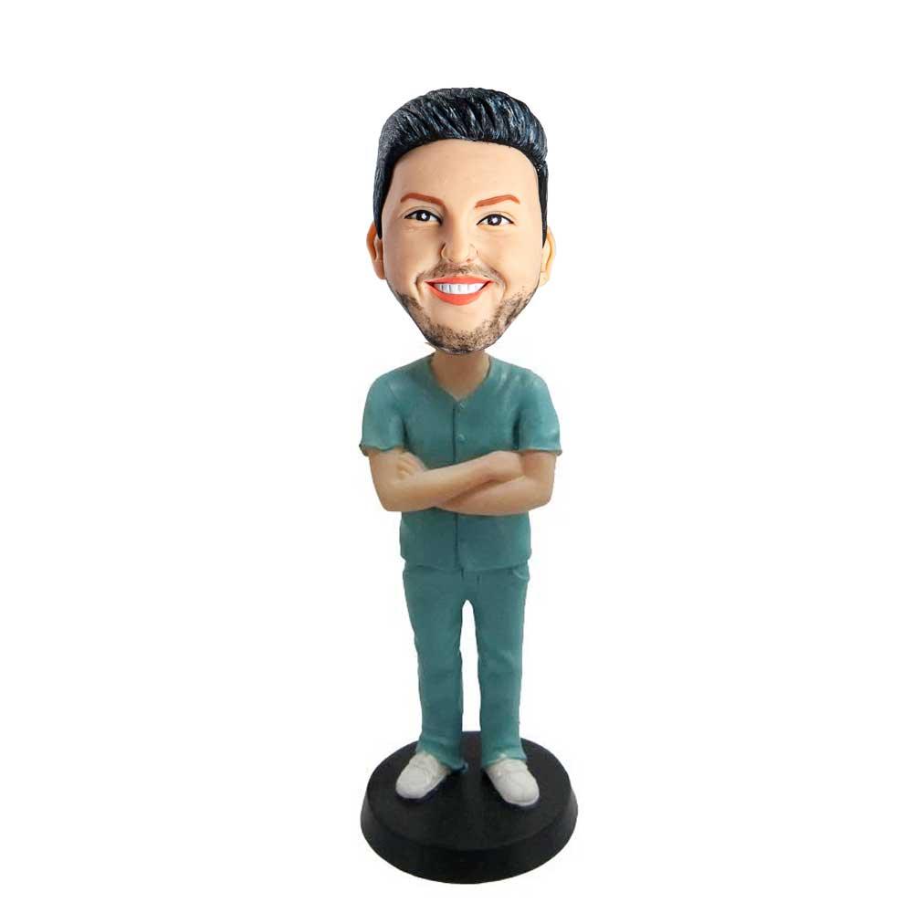 Male Nurse Wearing Blue Surgical Gown Custom Figure Bobblehead