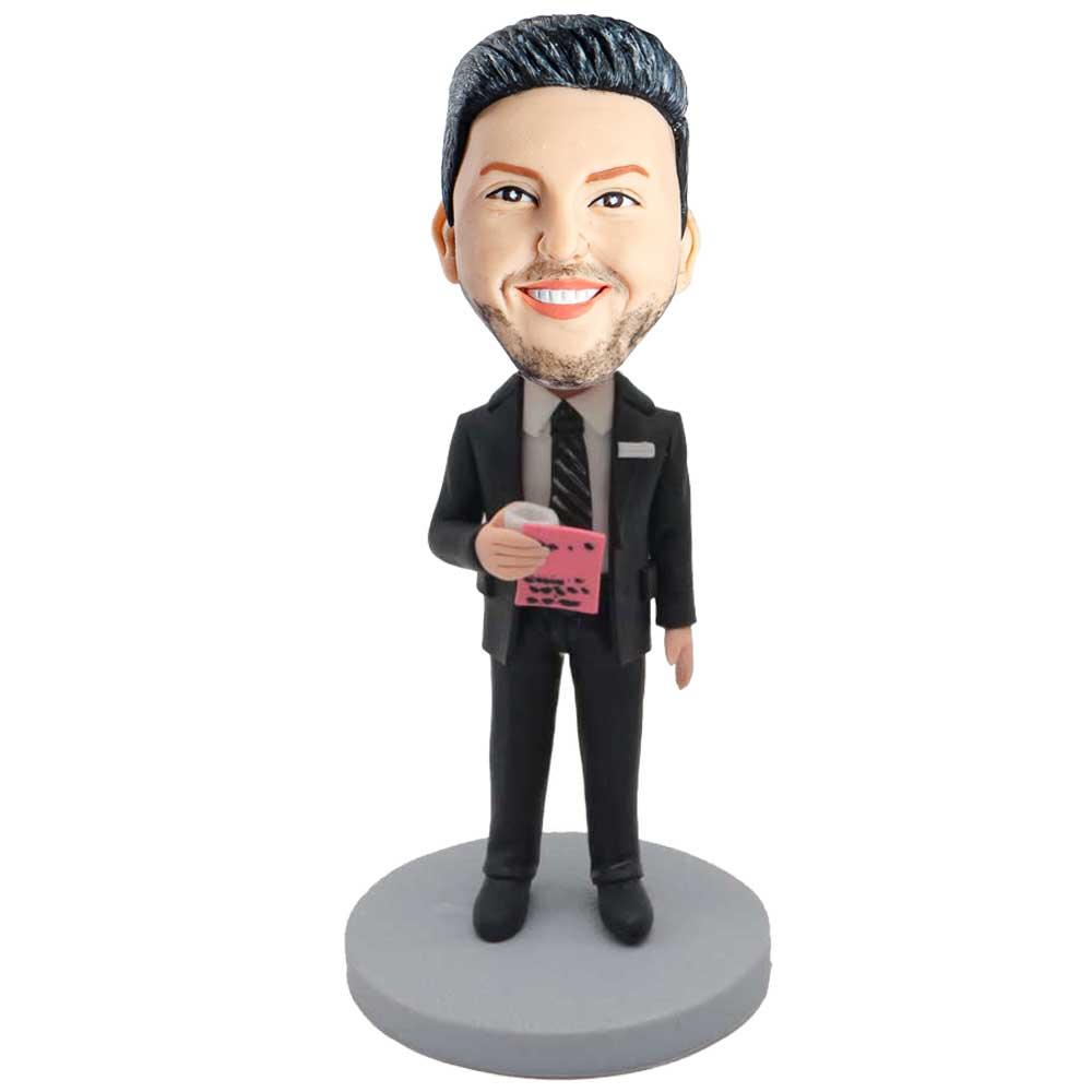 Male Office Boss In Black Suit With The Contract Custom Figure Bobblehead