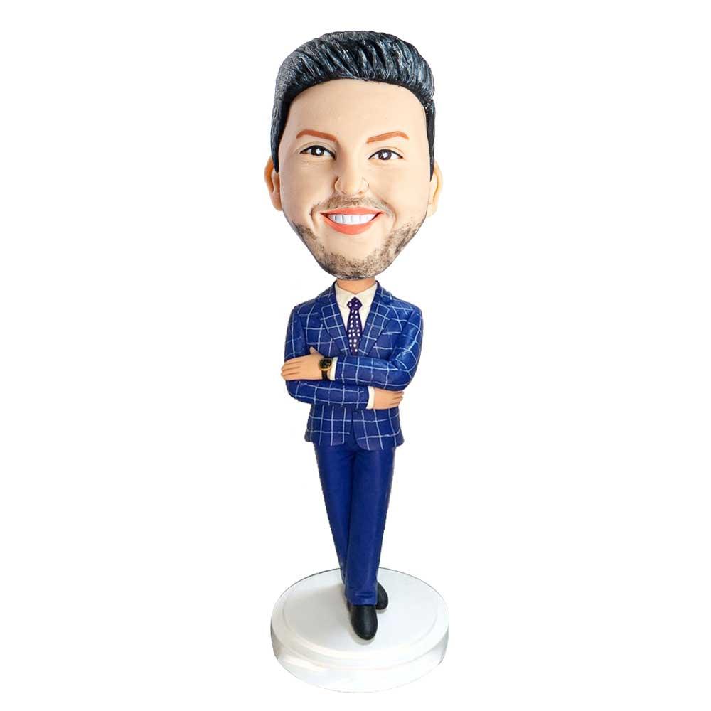 Male Office Boss In Blue Checked Suit And His Arms Chest Custom Figure Bobblehead