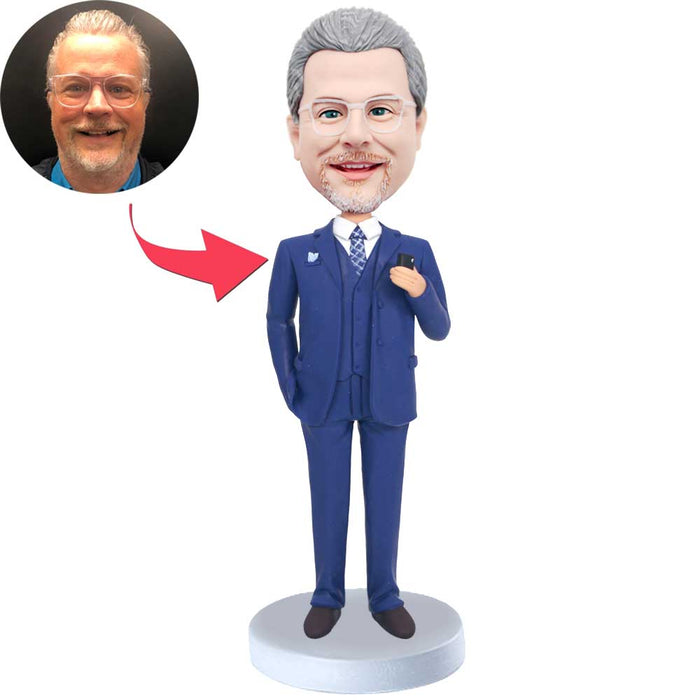 Male Office Boss In Dark Blue Suit And Holding A Phone Custom Selfie Bobbleheads