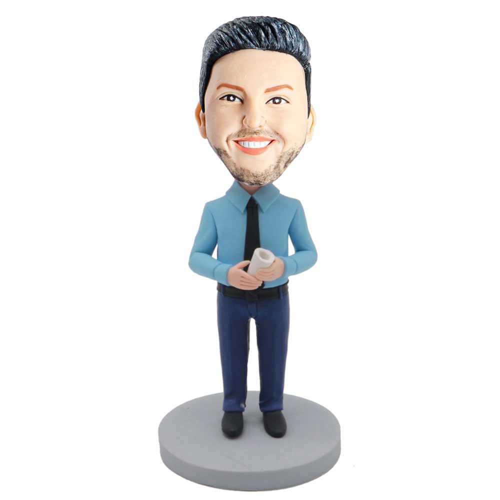 Male Office Clerk In Sky Blue Shrit Holding A Prospectus Custom Figure Bobblehead