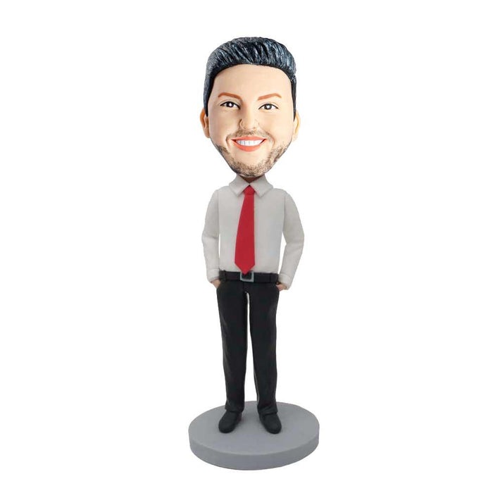 Male Office Manager In White Shirt And Red Tie Custom Figure Bobblehead