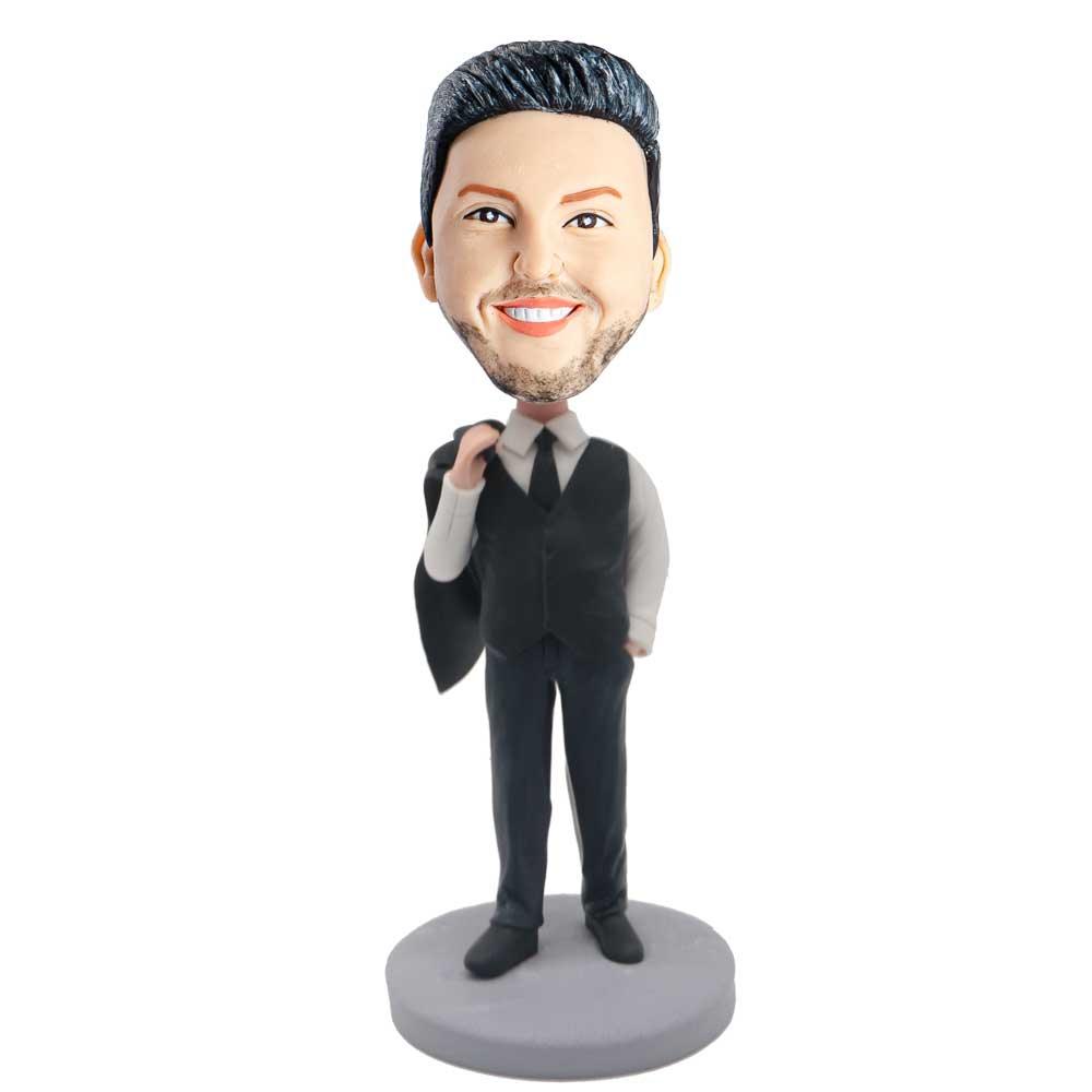 Male Office Staff In Black Suit And Coat Over Shoulder Custom Figure Bobblehead