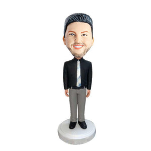 Male Office Staff In Black Shirt With A Tie Custom Figure Bobblehead