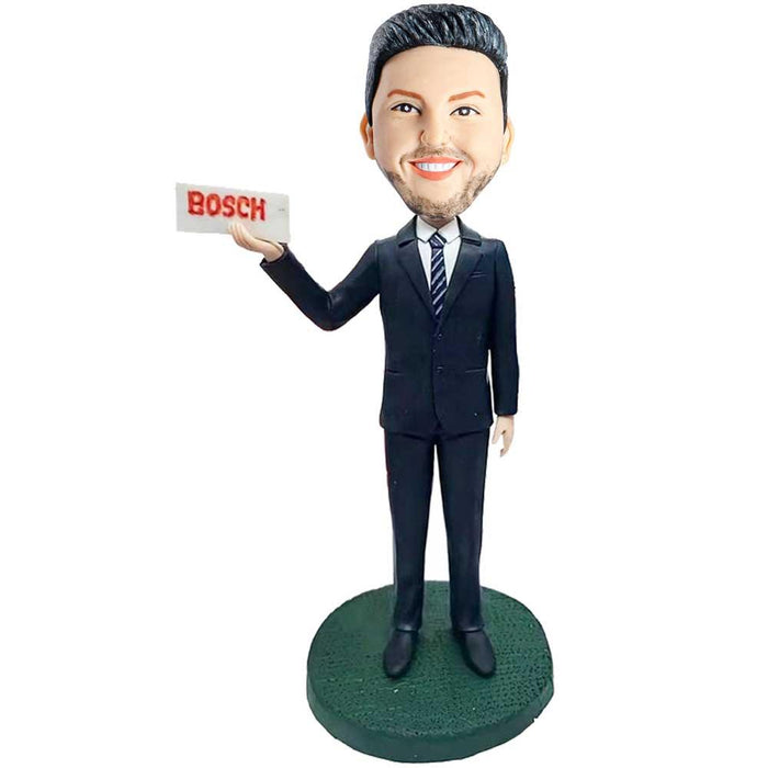 Male Office Staff In Black Suit With A Brand Custom Figure Bobblehead