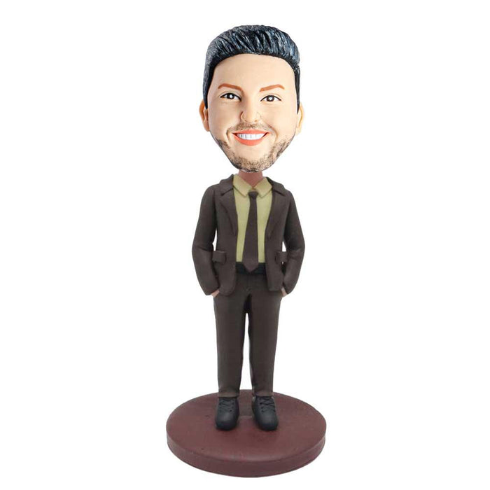 Male Office Staff In Brown Suit And Hands In Your Pockets Custom Figure Bobblehead